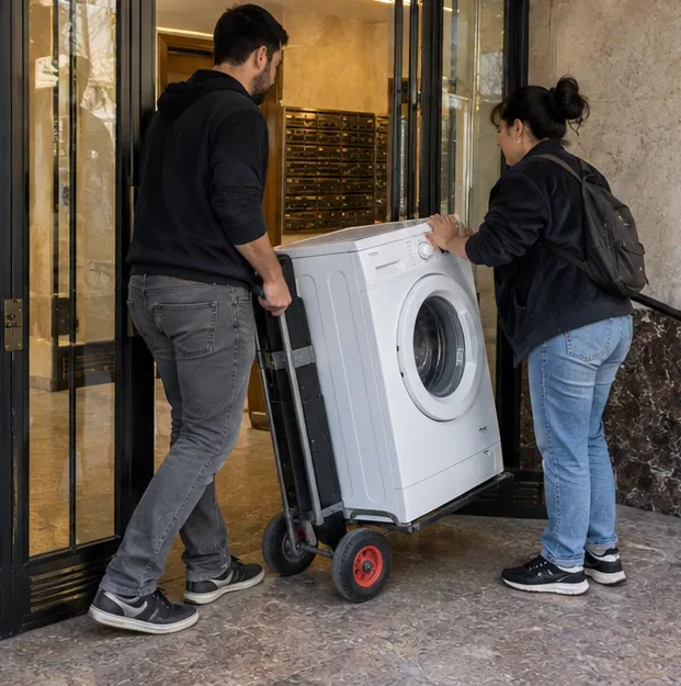Dos personas trasladando una lavadora con una carretilla por la entrada de un edificio