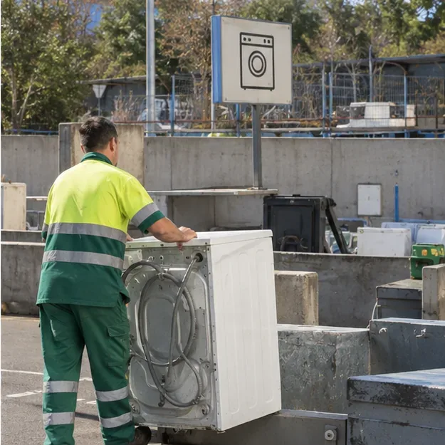 Trabajador de una instalación de reciclaje colocando una lavadora usada en una zona destinada a grandes electrodomésticos
