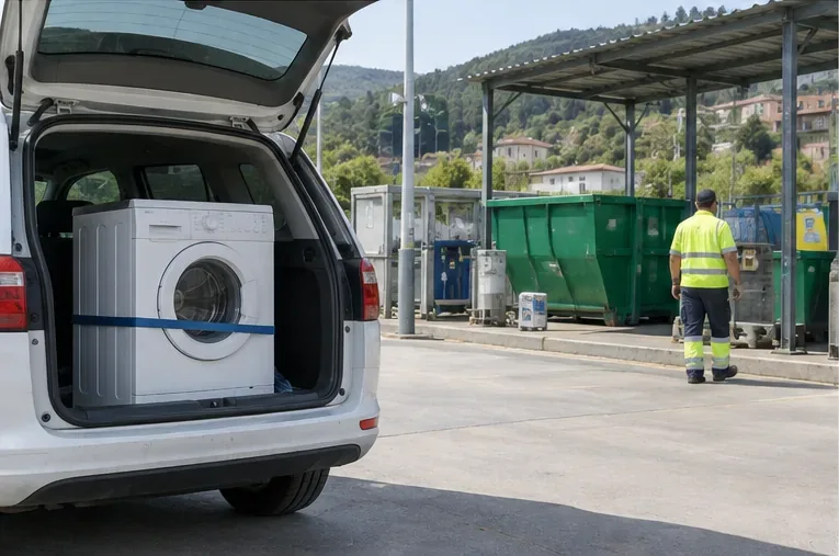 Lavadora sujeta dentro de un vehículo a la entrada de un punto limpio con contenedores de reciclaje