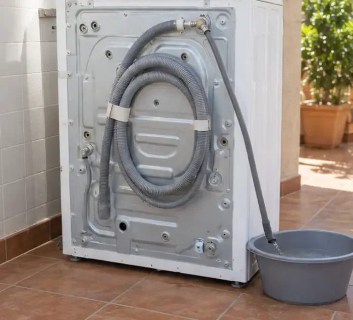 La parte trasera de una lavadora muestra las mangueras sujetas y un cubo colocado para recoger el agua restante.