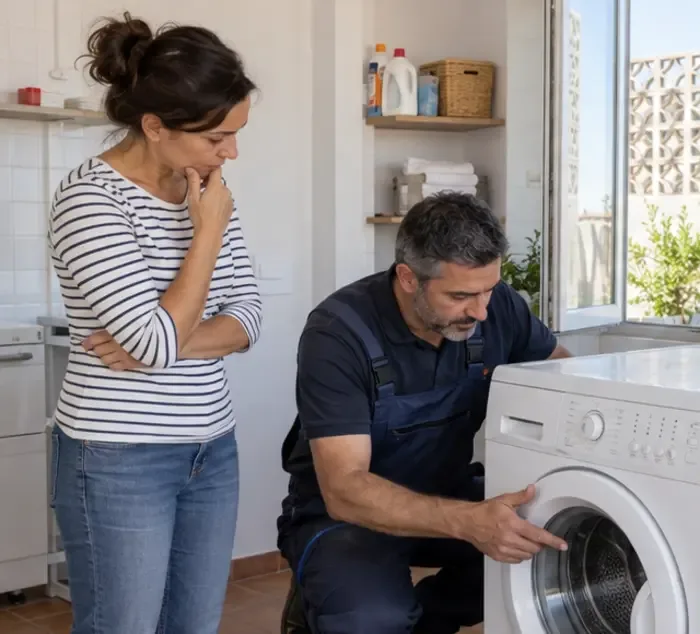 Una técnica revisa una lavadora de carga frontal para valorar si todavía puede repararse o reutilizarse.