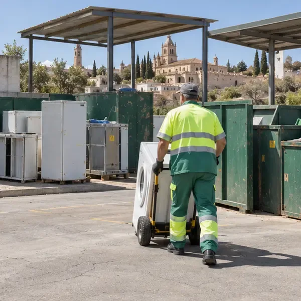Trabajador con ropa de alta visibilidad traslada una lavadora con una carretilla por una instalación municipal de reciclaje