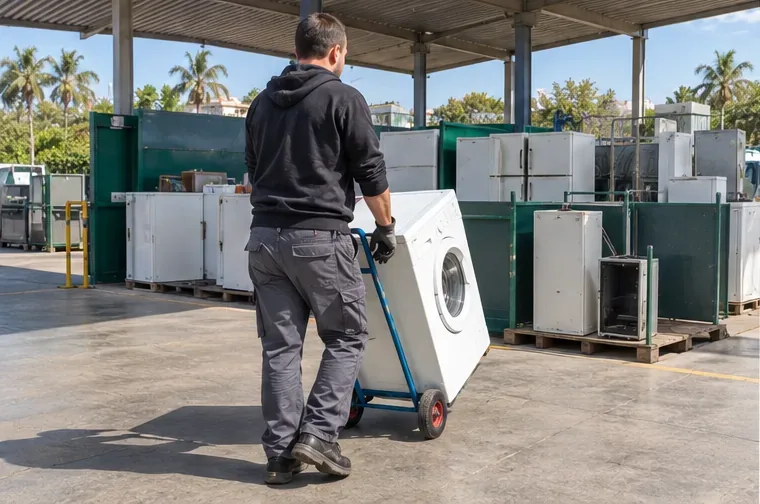 Una persona transporta una lavadora con una carretilla dentro de una instalación de recogida de electrodomésticos