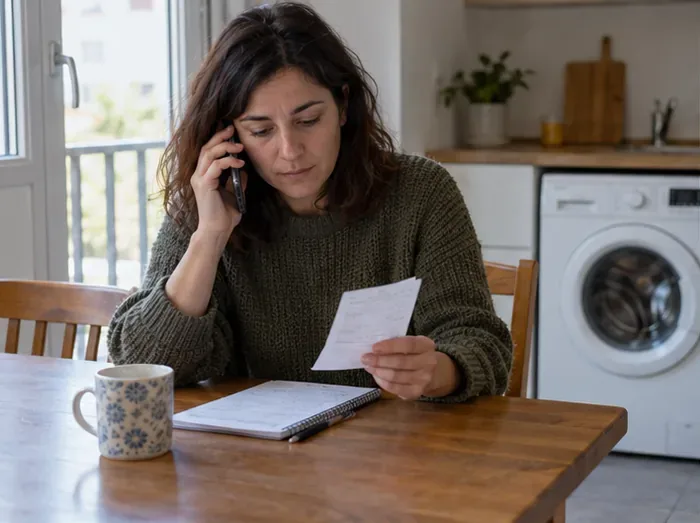Una mujer consulta un papel y habla por teléfono con una lavadora blanca al fondo de la cocina.