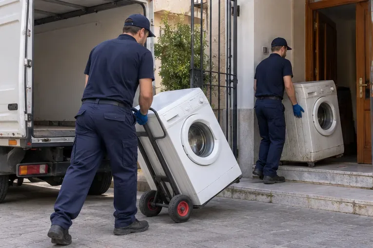 Operarios trasladando una lavadora usada con una carretilla durante una entrega a domicilio