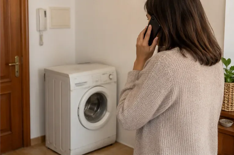 Mujer llamando por teléfono junto a una lavadora preparada para su retirada