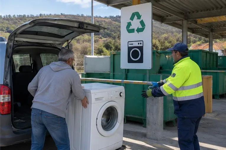 Persona entregando una lavadora en una zona de reciclaje de aparatos eléctricos con ayuda de un operario