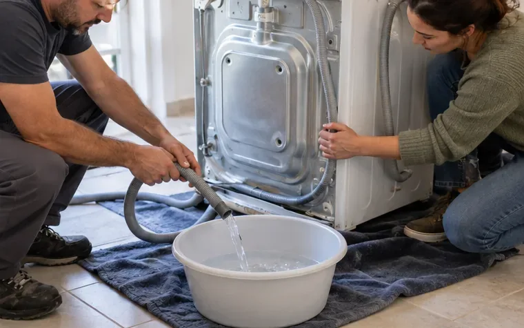 Dos personas vacían el agua de una manguera de lavadora en una cubeta y protegen el suelo con una toalla