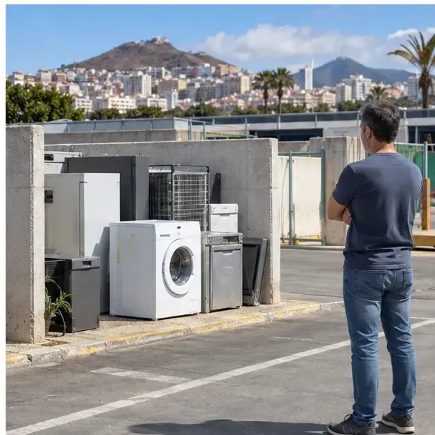 Una persona observa una zona exterior de entrega de grandes electrodomésticos con una lavadora preparada