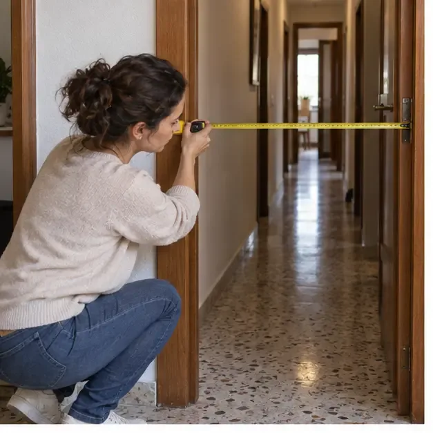 Una persona mide el ancho de una puerta y el pasillo antes de sacar una lavadora