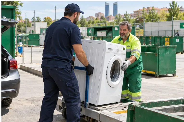 Una lavadora completa se entrega en un área de recepción de aparatos para reciclaje