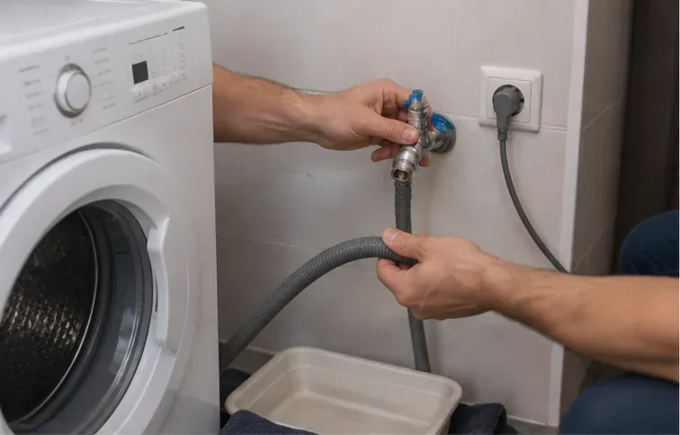 Persona desconectando la manguera de agua de una lavadora y colocando un recipiente debajo para recoger el agua residual