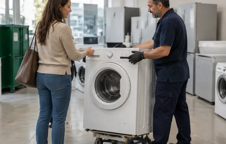 Cliente entregando una lavadora usada a personal de un establecimiento de electrodomésticos