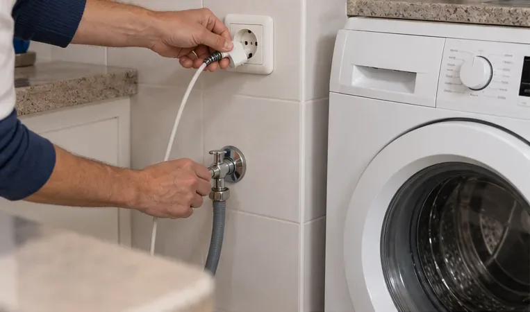 Una persona desenchufa la lavadora y cierra la llave de agua antes de retirarla.
