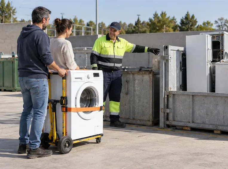 Un empleado orienta a una pareja que entrega una lavadora en una zona municipal de recepción de electrodomésticos.