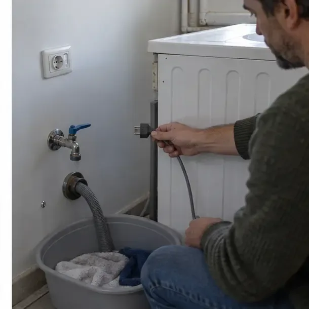 Persona desenchufando una lavadora mientras cierra la llave de agua y dirige la manguera hacia un recipiente