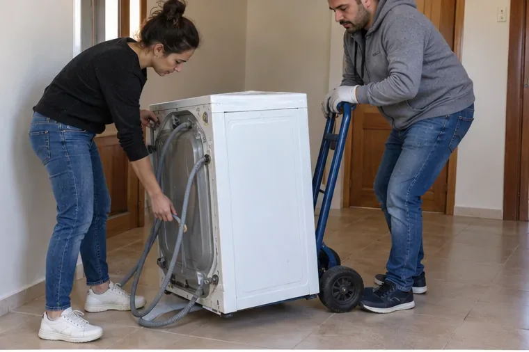 Dos personas mueven una lavadora con una carretilla por el interior de una vivienda