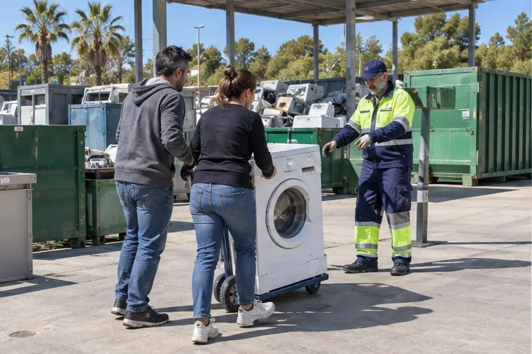 Una pareja entrega una lavadora sobre una carretilla a un trabajador en una instalación de reciclaje con grandes contenedores