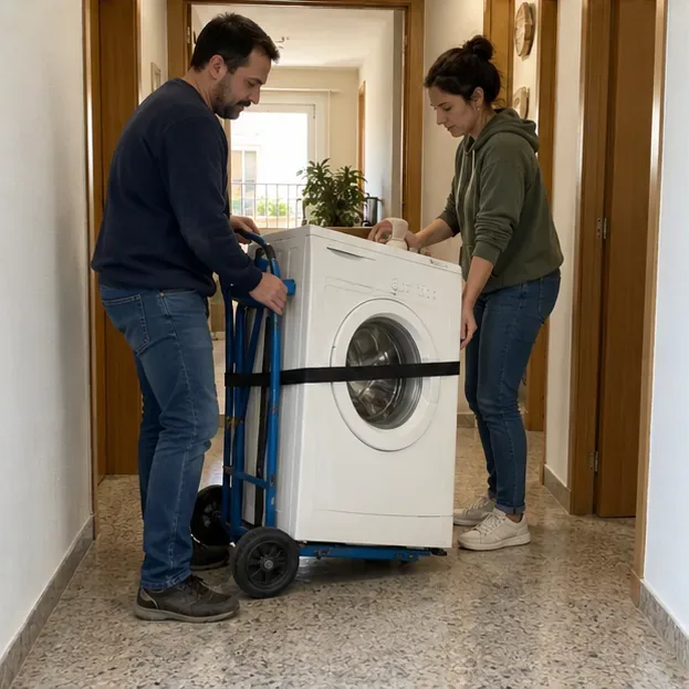 Dos personas trasladan una lavadora en posición vertical con una carretilla para electrodomésticos por un pasillo despejado.