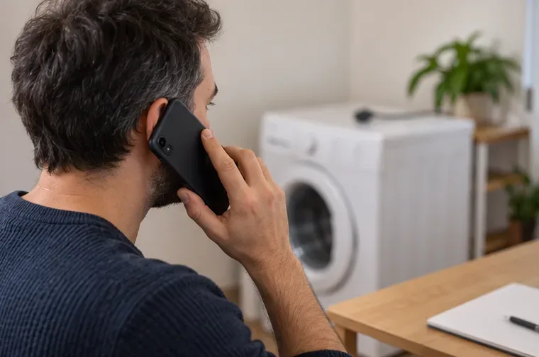 Persona llamando por teléfono con una lavadora al fondo de la estancia