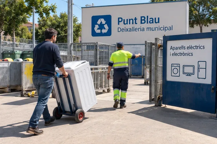 Persona llevando una lavadora con una carretilla hacia una instalación señalizada como Punt Blau y deixalleria municipal