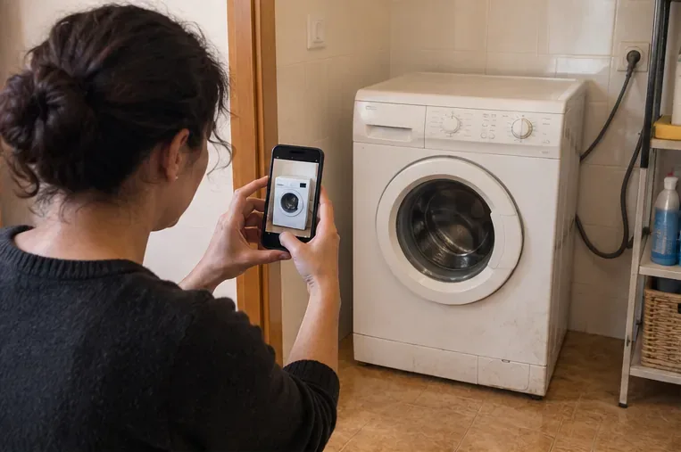 Una persona fotografía una lavadora vieja en el interior de una vivienda antes de decidir cómo retirarla.