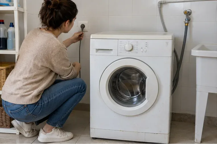 Una mujer desenchufa una lavadora blanca junto a la toma de agua en un lavadero doméstico.
