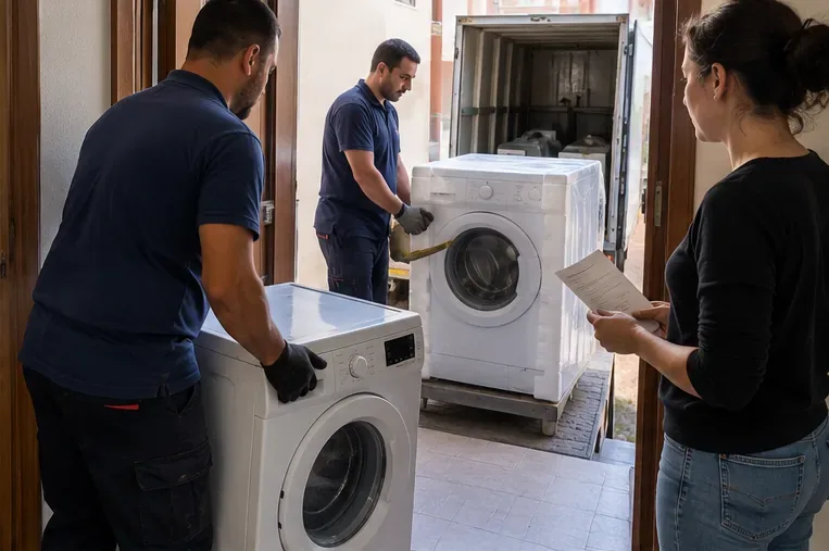 Dos operarios manejan una lavadora nueva y una antigua en la puerta de una vivienda mientras la propietaria revisa un documento.