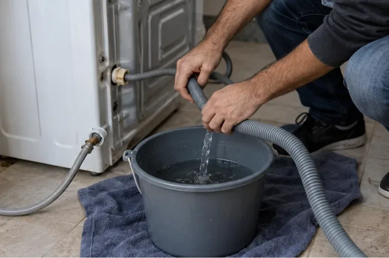 Un hombre vacía agua residual de la manguera de una lavadora en un cubo colocado sobre una toalla.