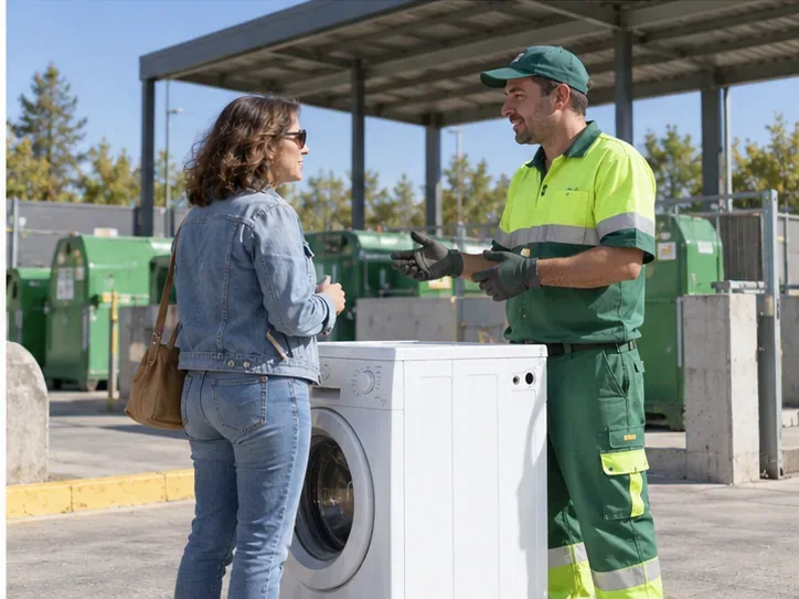 Una vecina consulta con un trabajador junto a una lavadora en una instalación de reciclaje