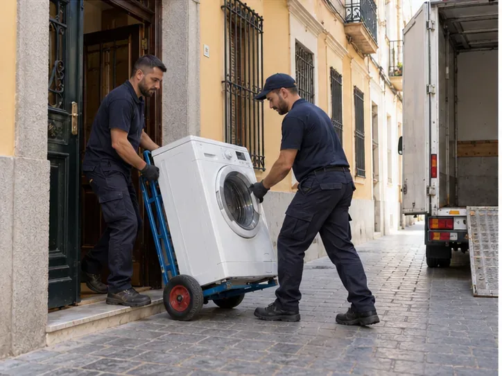 Dos operarios trasladan una lavadora en una carretilla desde el portal de una vivienda hacia un vehículo