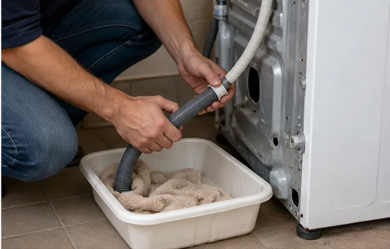 Mangueras de una lavadora desconectadas sobre un recipiente con toallas para recoger el agua residual