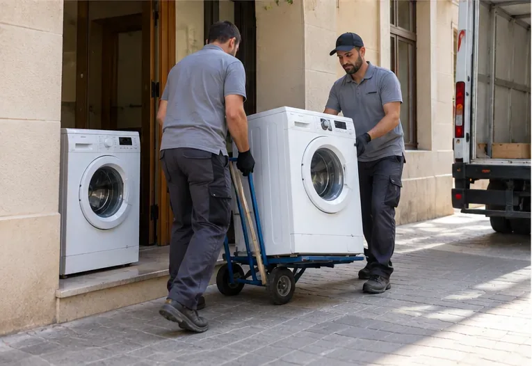 Dos operarios trasladando una lavadora con una carretilla hacia un vehículo de transporte