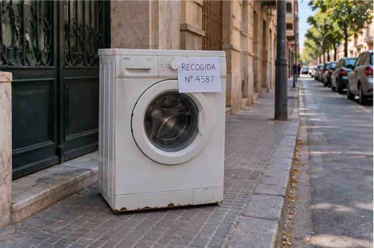 Lavadora situada junto al portal con un aviso visible de recogida, sin bloquear el paso principal de la acera