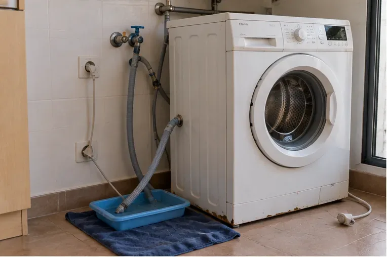 Lavadora desconectada con las mangueras de agua dirigidas hacia una bandeja para recoger el líquido residual