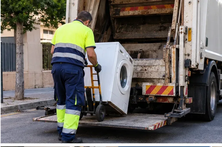 Operario cargando una lavadora con una carretilla en la plataforma trasera de un camión de recogida