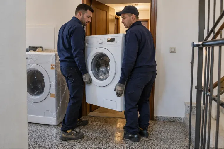 Dos transportistas retiran una lavadora en una vivienda mientras otra máquina queda al fondo