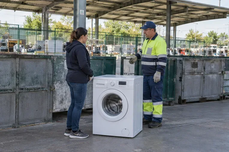 Una persona y un trabajador junto a una lavadora en un recinto municipal de recepción de residuos