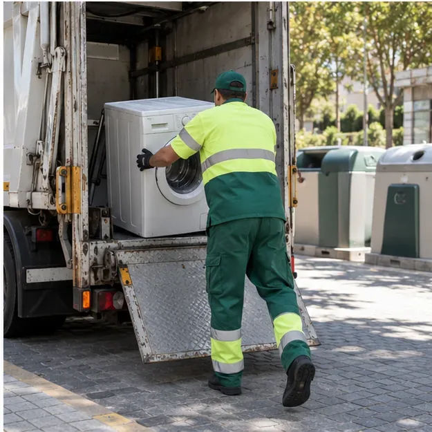 Un trabajador de recogida carga una lavadora en un camión de servicio