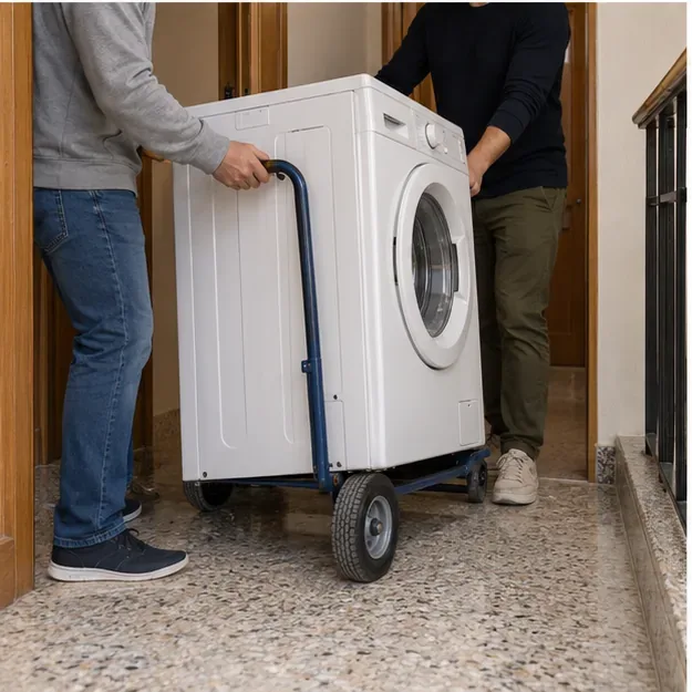 Dos personas trasladan una lavadora sobre una carretilla para electrodomésticos por un portal