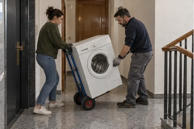 Dos personas transportan una lavadora desconectada con una carretilla por el portal