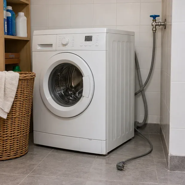 Lavadora desenchufada en un cuarto de lavado, con cable y conexiones de agua visibles antes del traslado
