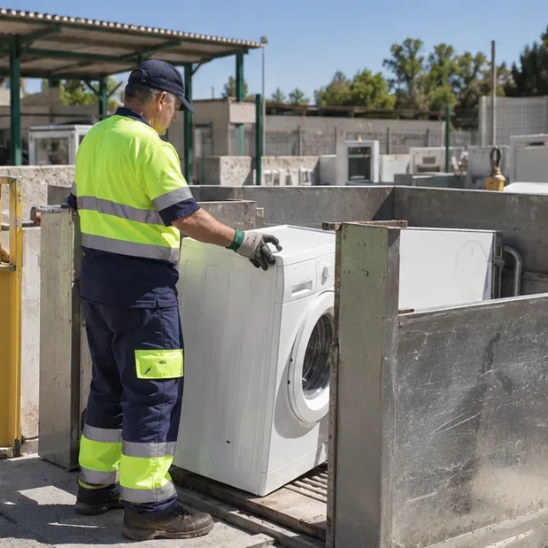 Operario con ropa de alta visibilidad recibe una lavadora en una zona de grandes electrodomésticos de un centro de reciclaje