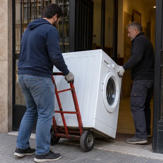 Dos personas trasladan una lavadora con una carretilla de mano por la entrada de un edificio