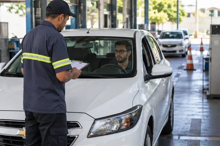 Veículo branco passa por vistoria enquanto um profissional confere informações em uma prancheta