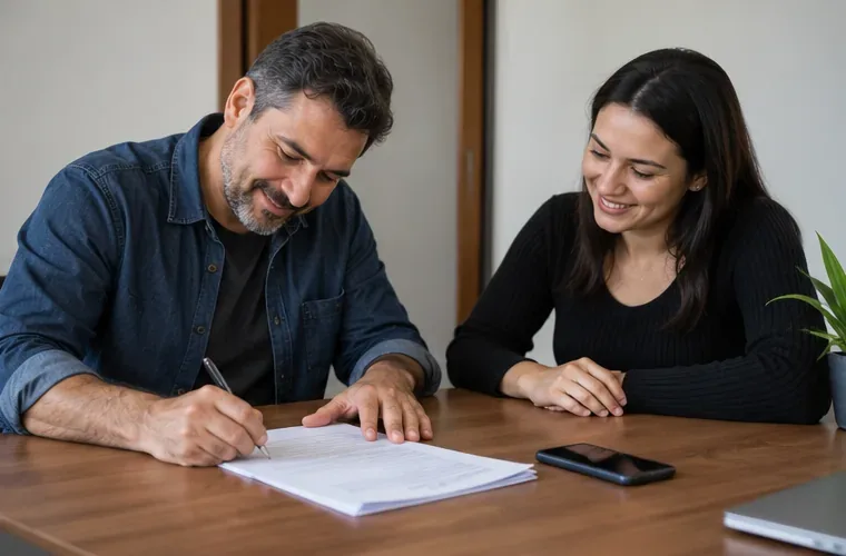 Vendedor assina documento de transferência diante da compradora em uma mesa, com celular ao lado