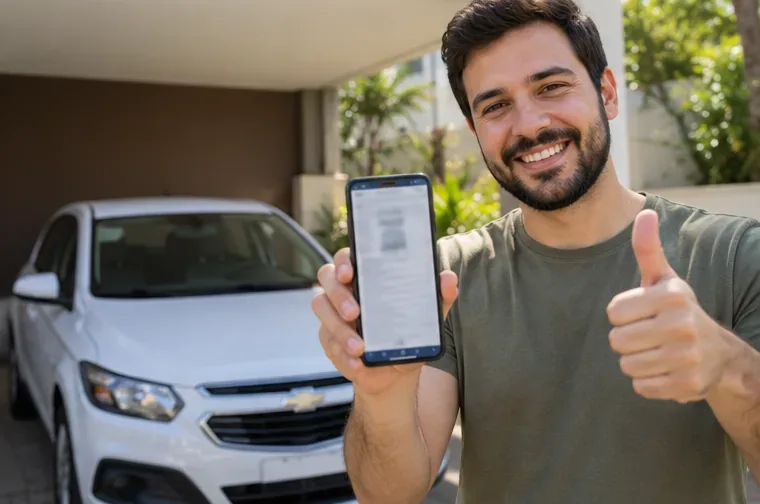 Homem ao lado de um carro mostra um documento digital no celular após concluir o processo de transferência