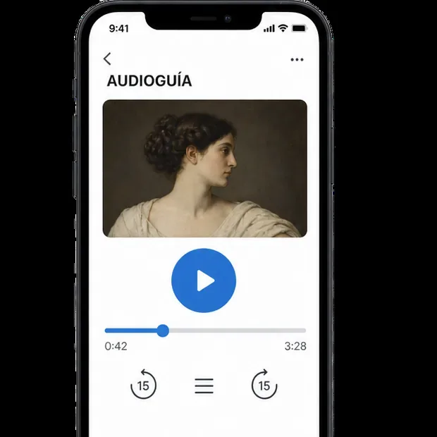 Pantalla esquemática de una audioguía móvil con el título «Audioguía», una imagen de arte y controles de reproducción.