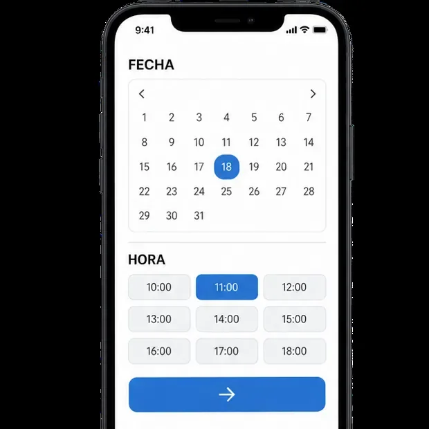 Pantalla esquemática de reserva con un calendario, una fecha seleccionada y varias franjas horarias, una de ellas resaltada.