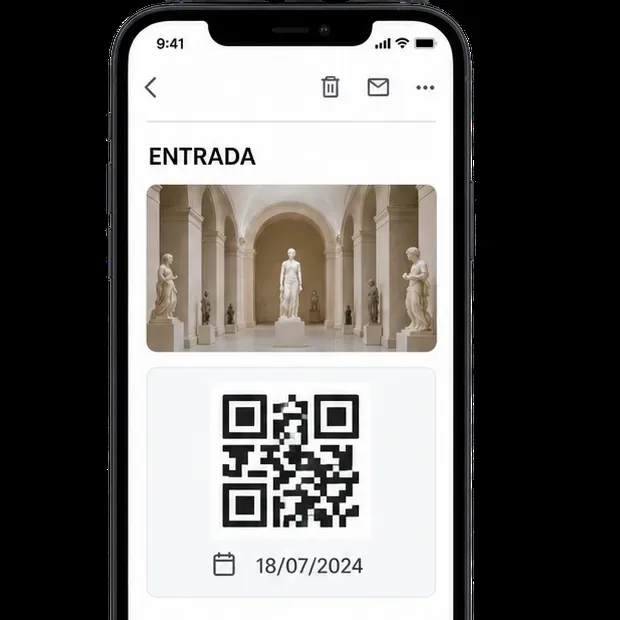 Pantalla de entrada genérica con una imagen de sala, un código QR gráfico y una fecha de ejemplo visible.